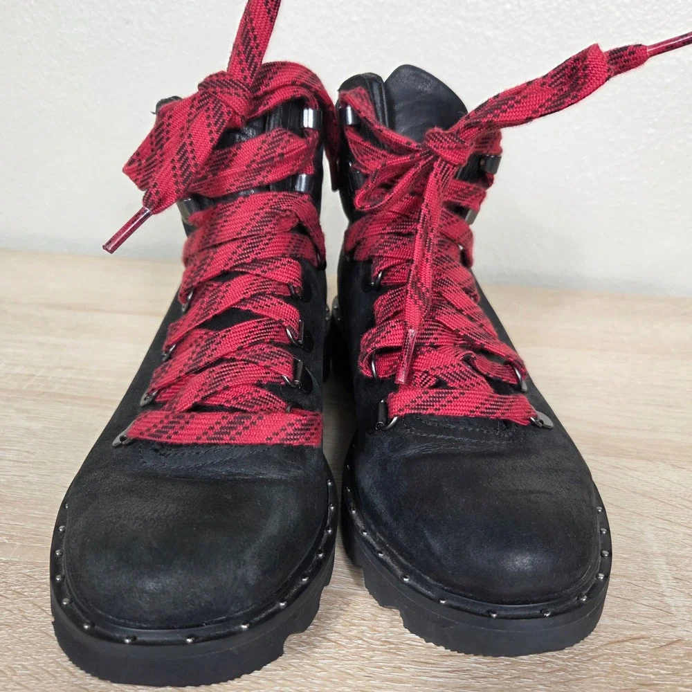 Sorel Lennox Hiker Waterproof Boots Black Red Plaid Laces Women's 6